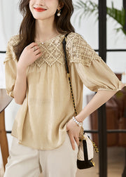 Simple White Puff Sleeve Patchwork Lace Chiffon T-shirts