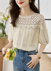 Simple White Puff Sleeve Patchwork Lace Chiffon T-shirts