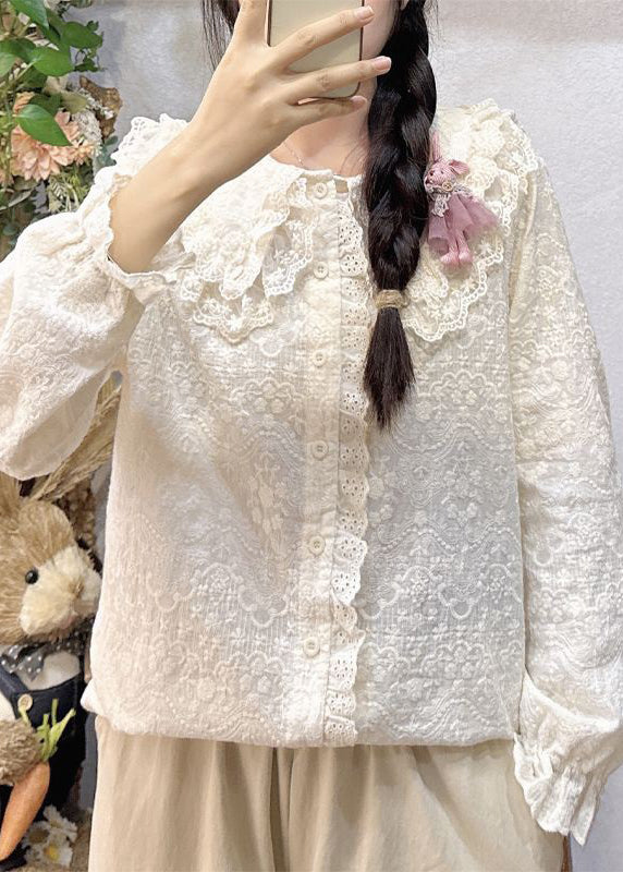 Simple White Ruffled Button Lace Shirt Long Sleeve