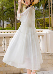 Simple White Ruffled Exra Large Hem Silk Long Dress Spring