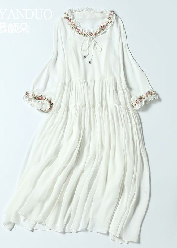 Simple White Ruffled Exra Large Hem Silk Long Dress Spring