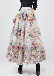 Simple White Ruffled Print Tulle Skirt Spring