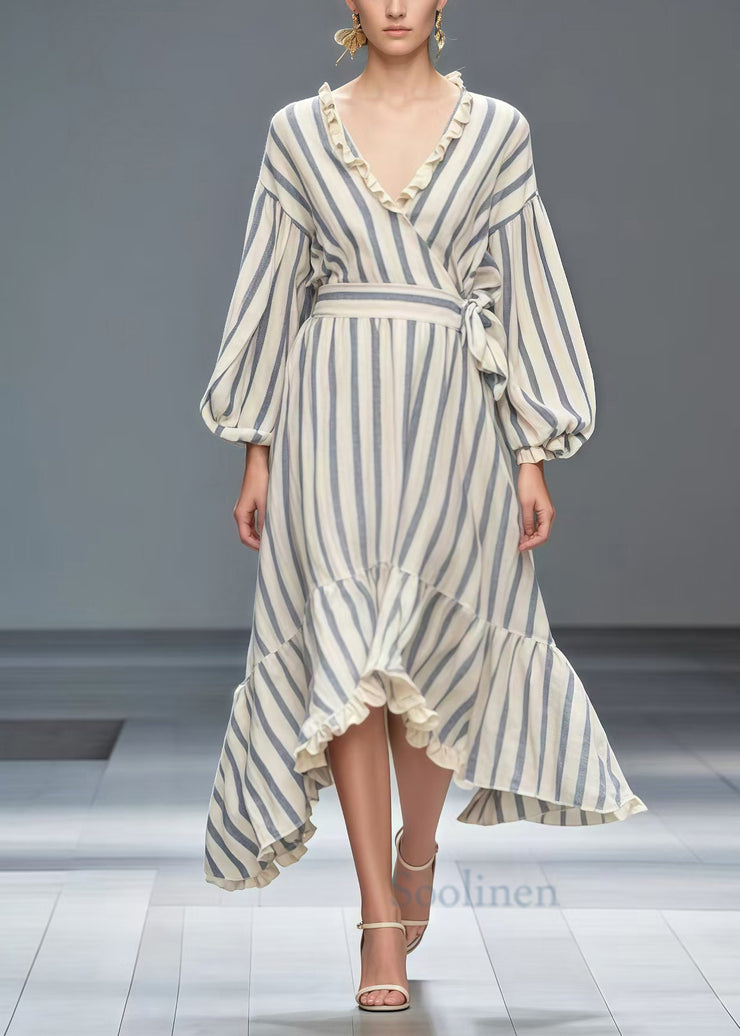 Simple White Ruffled Striped Silk Velvet Cinched Dresses Spring