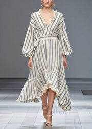 Simple White Ruffled Striped Silk Velvet Cinched Dresses Spring