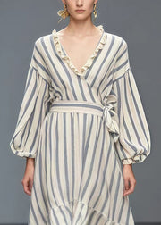 Simple White Ruffled Striped Silk Cotton blend Cinched Dresses Spring