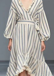 Simple White Ruffled Striped Silk Velvet Cinched Dresses Spring