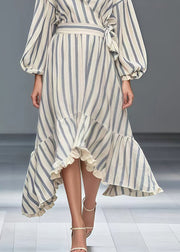 Simple White Ruffled Striped Silk Velvet Cinched Dresses Spring