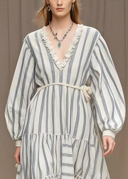 Simple White Ruffled Striped Silk Velvet Long Dresses Spring