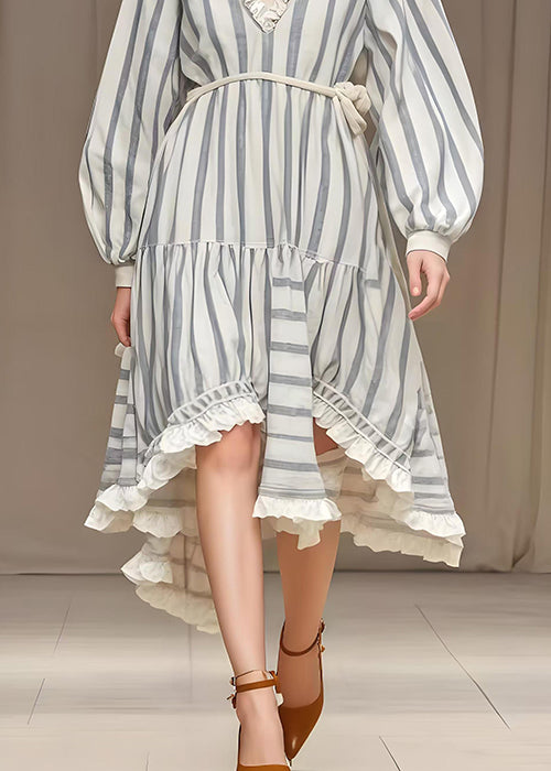 Simple White Ruffled Striped Silk Cotton blend Long Dresses Spring