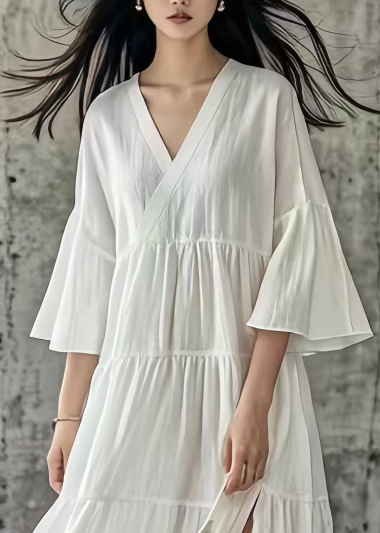 Simple White Side Open Wrinkled Cotton Long Dresses Summer