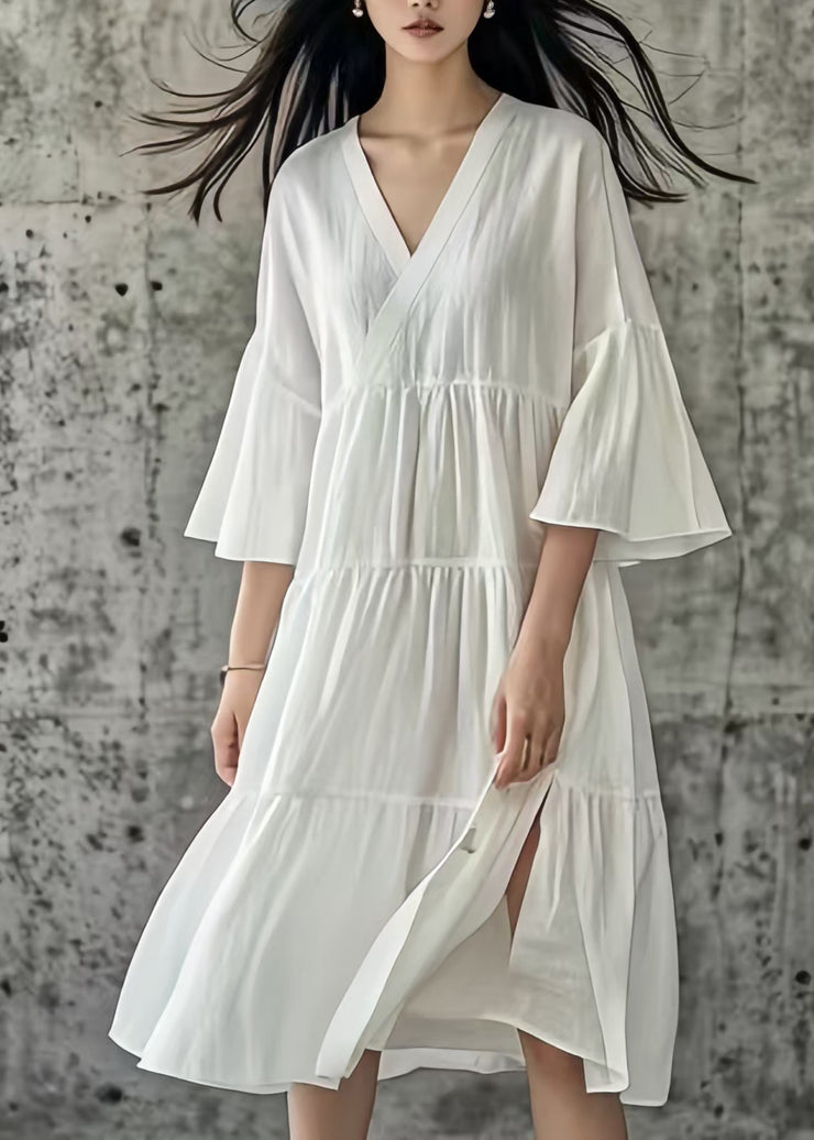 Simple White Side Open Wrinkled Cotton Long Dresses Summer