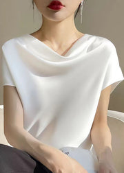 Simple White Solid Turtle Neck Silk T Shirts Summer