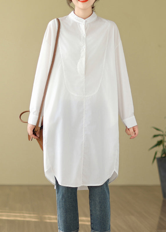 Simple White Stand Collar Button Shirts Dress Long Sleeve