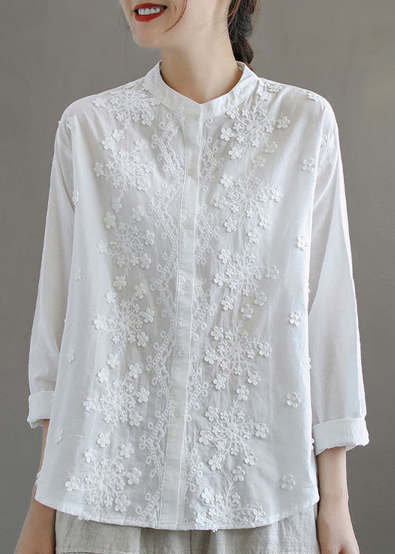 Simple White Stand Collar Embroidered Patchwork Cotton Blouses Long Sleeve