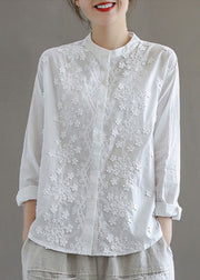 Simple White Stand Collar Embroidered Patchwork Cotton Blouses Long Sleeve