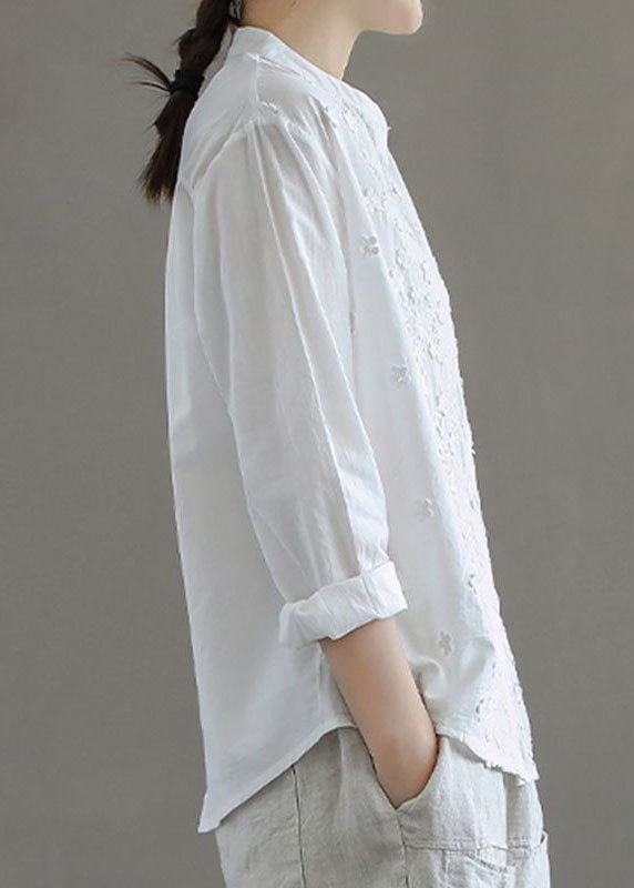 Simple White Stand Collar Embroidered Patchwork Cotton Blouses Long Sleeve