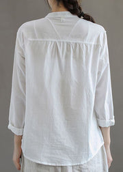 Simple White Stand Collar Embroidered Patchwork Cotton Blouses Long Sleeve