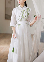 Simple White Stand Collar Embroideried Patchwork Silk Dress Spring