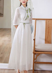 Simple White Stand Collar Embroideried Patchwork Silk Dress Spring