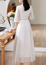 Simple White Stand Collar Embroideried Patchwork Silk Dress Spring