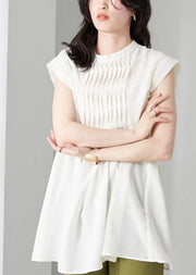 Simple White Stand Collar Wrinkled Cotton Tops Sleeveless