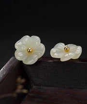 Simple White Sterling Silver Inlaid Jade Floral Stud Earrings