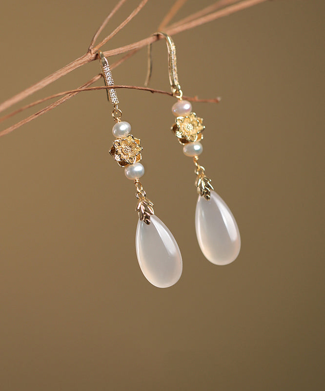 Simple White Sterling Silver Overgild Pearl Drop Earrings