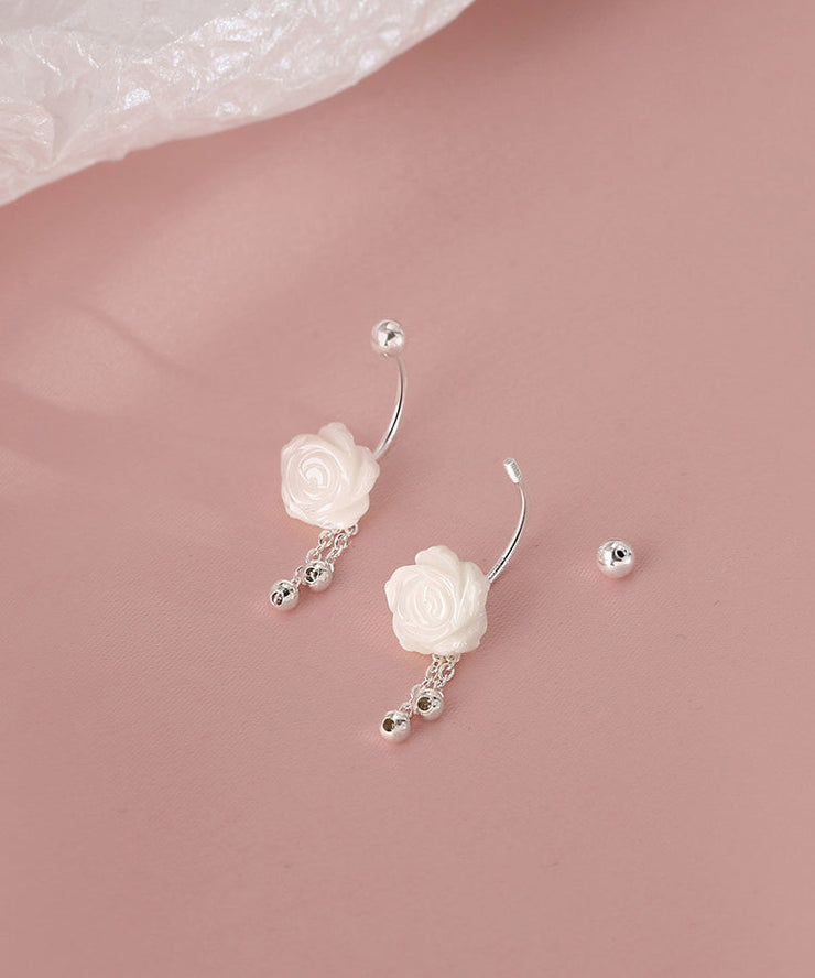 Simple White Sterling Silver Shell Floral Tassel Drop Earrings