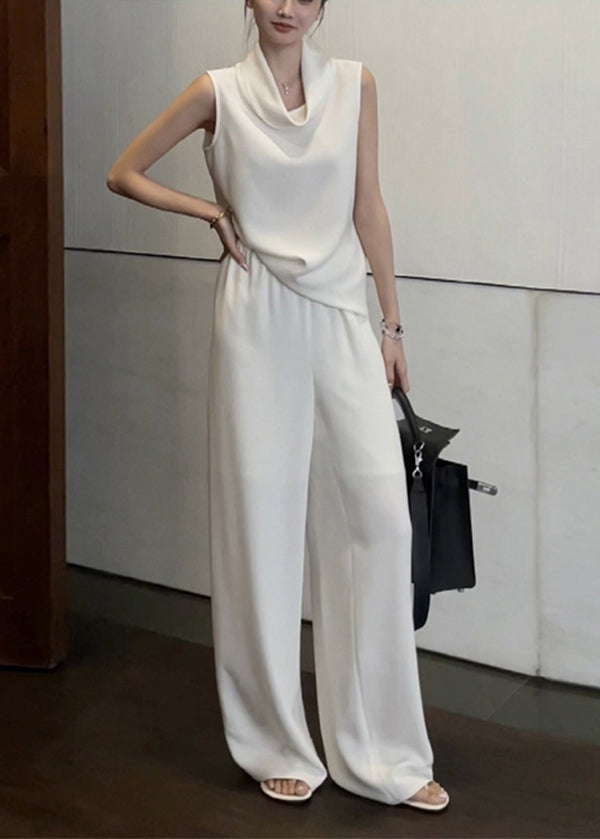 Simple White Turtle Neck Silk Two Pieces Set Sleeveless