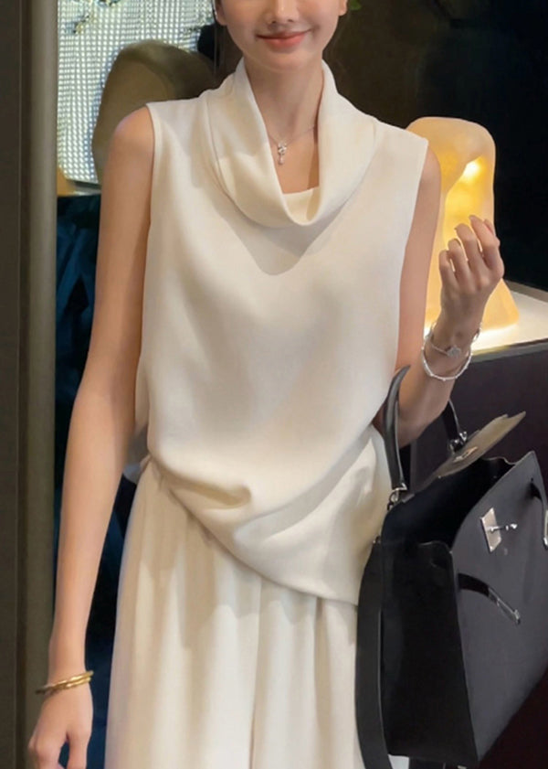 Simple White Turtle Neck Silk Two Pieces Set Sleeveless