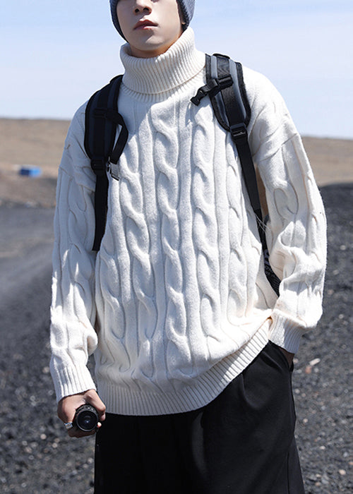 Simple White Turtleneck Solid Knit Sweater Men Winter