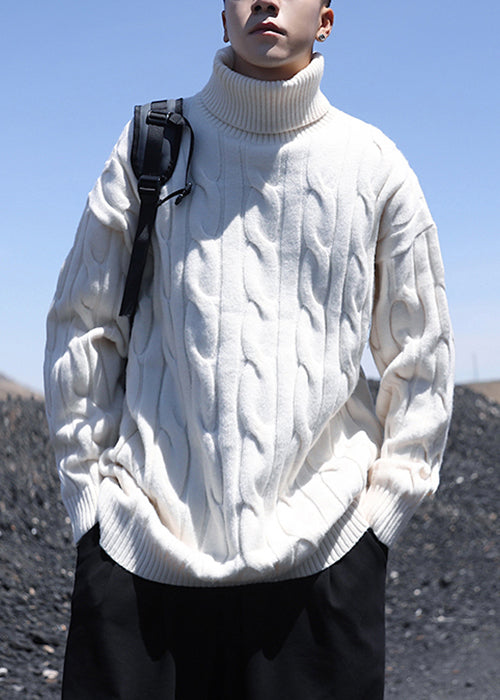 Simple White Turtleneck Solid Knit Sweater Men Winter