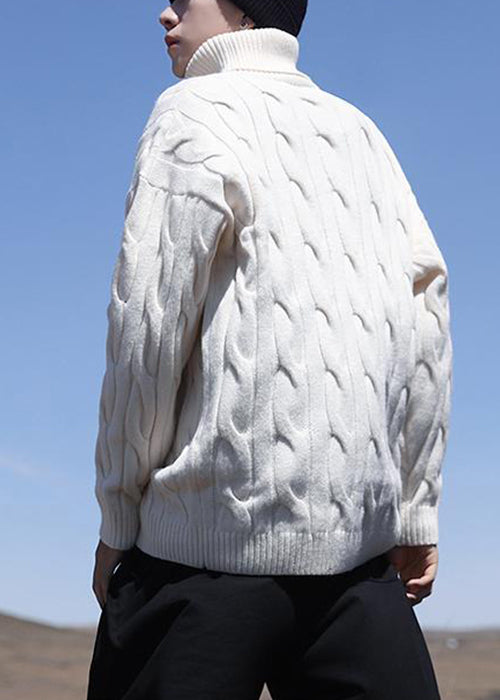 Simple White Turtleneck Solid Knit Sweater Men Winter