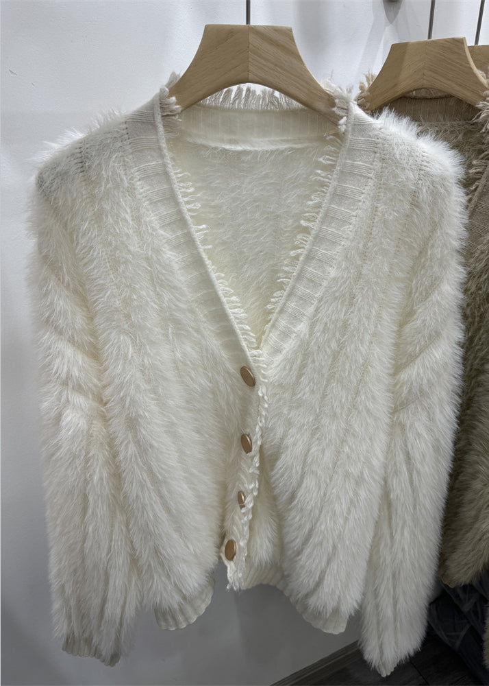 Simple White V Neck Button Mink Hair Knitted Cardigan Spring