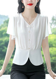 Simple White V Neck Chiffon Shirts Butterfly Sleeve