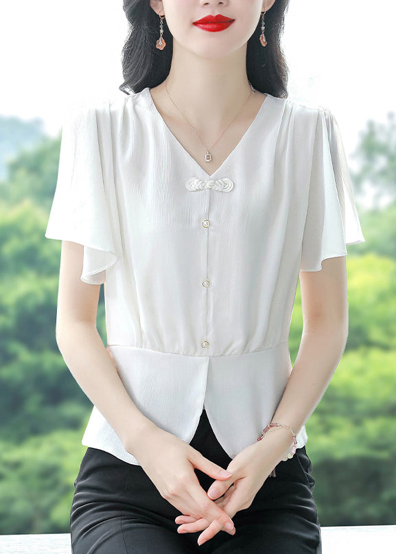 Simple White V Neck Chiffon Shirts Butterfly Sleeve