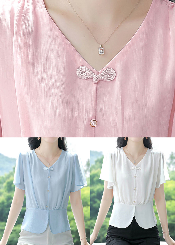 Simple White V Neck Chiffon Shirts Butterfly Sleeve
