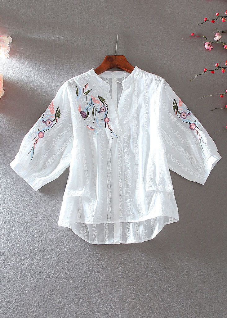 Simple White V Neck Embroidered Low High Design Shirt Bracelet Sleeve