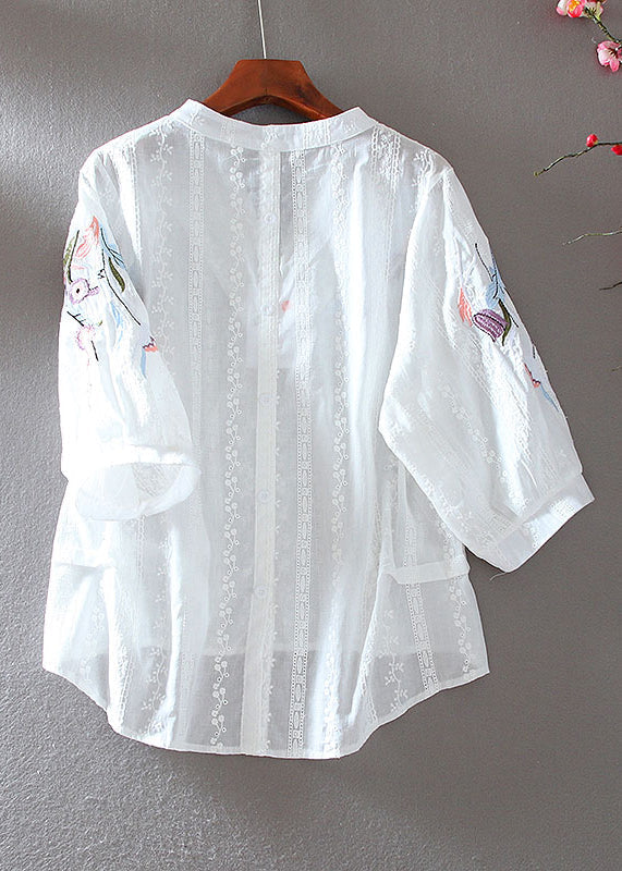 Simple White V Neck Embroidered Low High Design Shirt Bracelet Sleeve