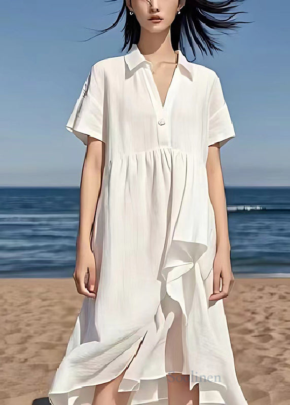 Simple White V Neck Exra Large Hem Linen Beach Dress Summer