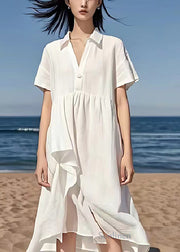 Simple White V Neck Exra Large Hem Linen Beach Dress Summer