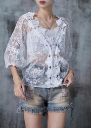 Simple White V Neck Lace UPF 50+ Shirts Summer