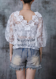 Simple White V Neck Lace UPF 50+ Shirts Summer