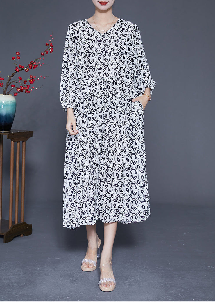 Simple White V Neck Oversized Print Chiffon Long Dresses Spring