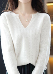 Simple White V Neck Ruffled Cotton Knit Sweaters Fall