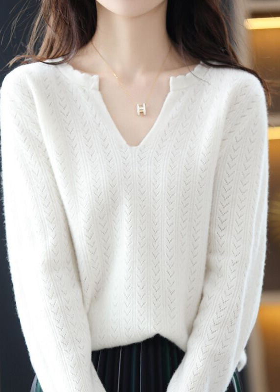 Simple White V Neck Ruffled Cotton Knit Sweaters Fall