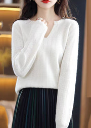 Simple White V Neck Ruffled Cotton Knit Sweaters Fall