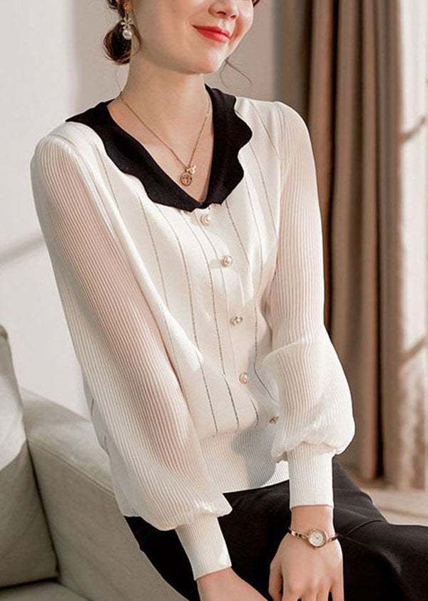 Simple White V Neck Striped Knit Shirt Tops Long Sleeve