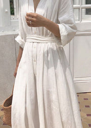 Simple White V Neck Tie Waist Patchwork Cotton Dress Spring