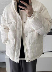 Simple White Zip Up Pockets Solid Men Parkas Winter